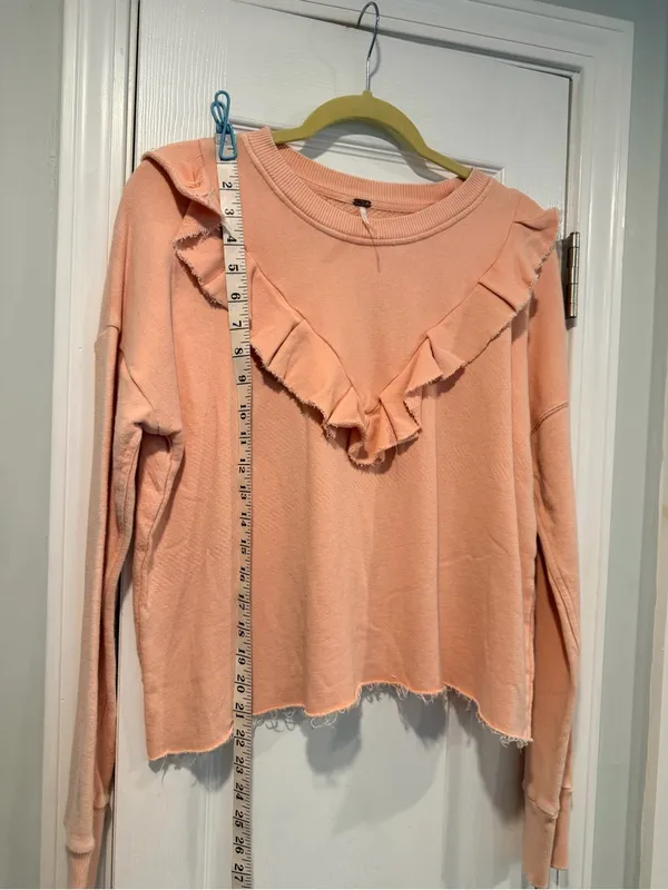 NWOT Free People Size S Pink Ooh La Ruffle Yoke Long Sleeve Raw Hem Sweatshirt - Image 3