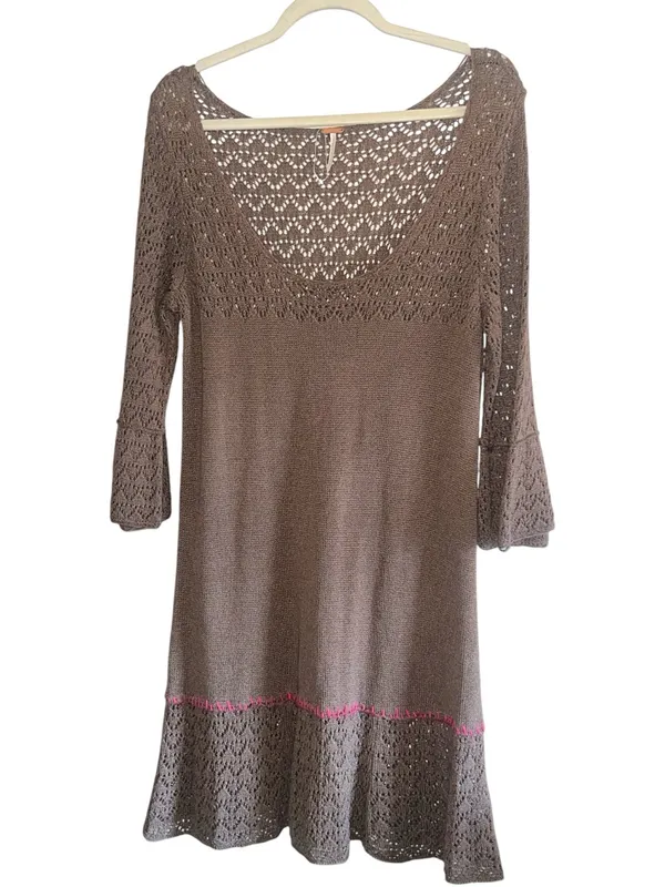 Free People Brown Crochet Knit Boho Whimsigoth Mini‎ Dress Size M - Image 2