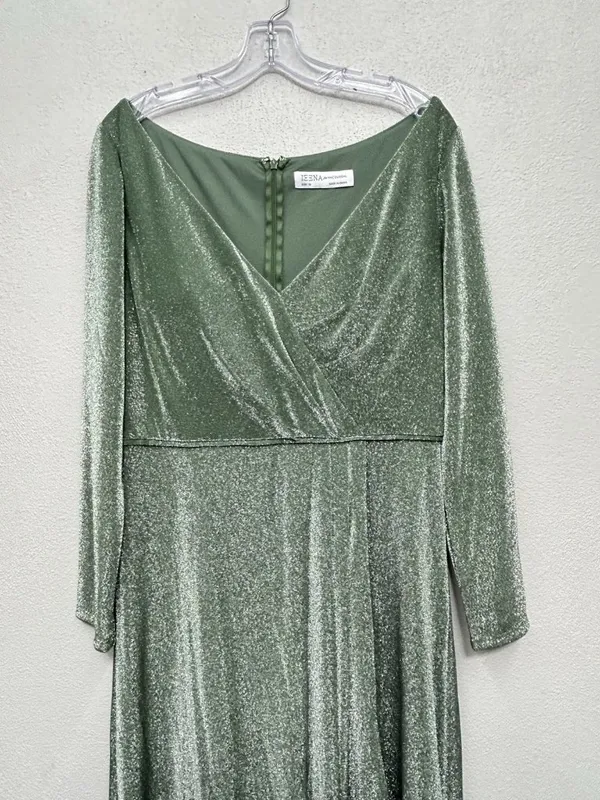 IEENA for Mac Duggal Faux Wrap Gown Maxi Dress Sz 12 Jade Green Metallic stretch - Image 14