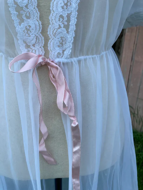 Vintage 80s Alan R. White Peignoir Nylon Chiffon Lace M Flutter Sleeves - Image 8