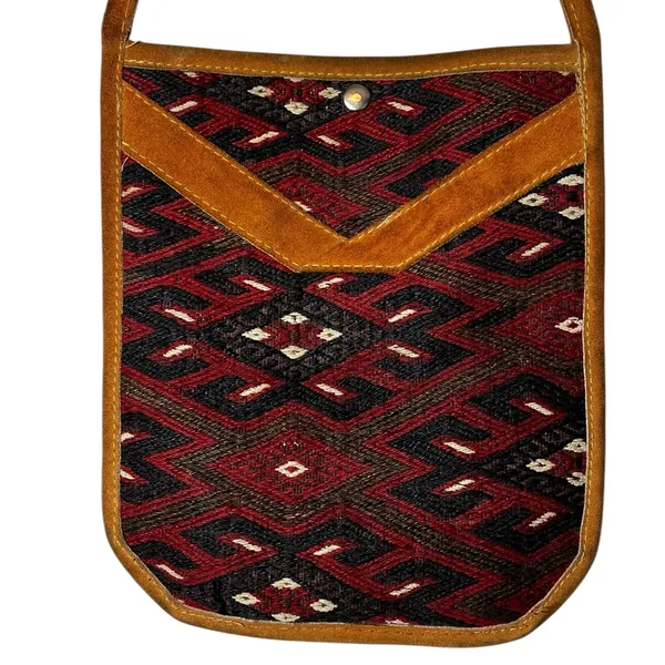 Kilim Jute Handmade Wool Leather Crossbody Bag Southwestern Aztec Boho Hippie - Image 4