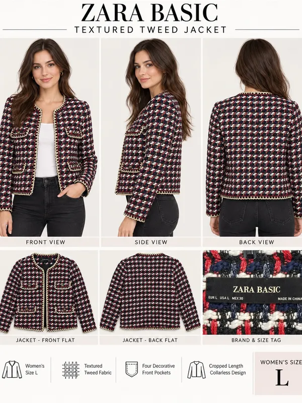 Zara Basic Tweed Bouclé Jacket Women’s L Red Black White Gold Trim Blazer - Image 2
