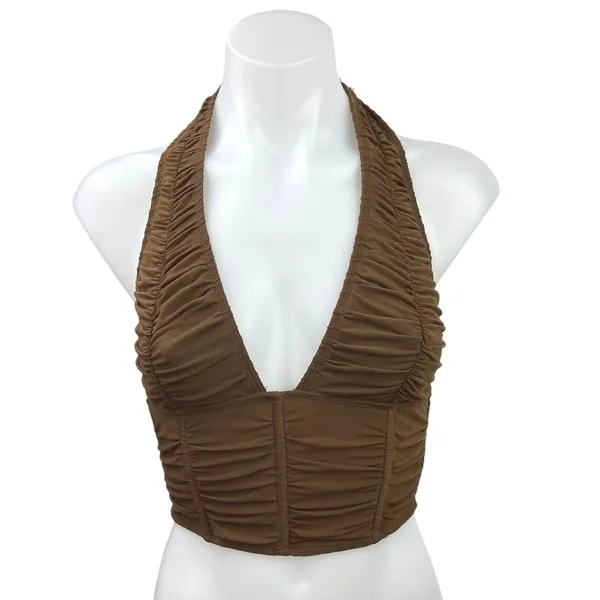 Edikted Brown y2k Sleeveless V-Neck Halter Tie Cinched Corset Crop Tank Top Sz S - Image 3