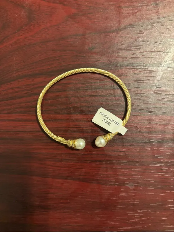 18k Gold Plated Tested Sterling Silver Open Cuff Pearl Bracelet - Image 3
