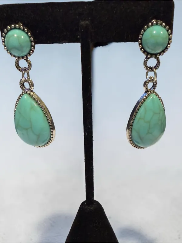 Turquoise Teardrop Dangle Earrings Boho Western Textured Silver Border Stud Blue - Image 2