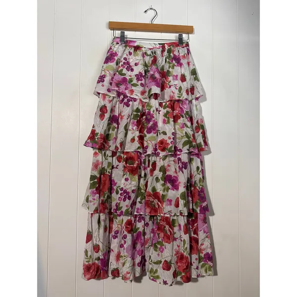Abercrombie & Fitch Floral XS Tiered Maxi Skirt Women White Pink Red Ruffle - Image 5