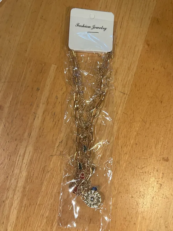 Gold Tone Layered Link Chain Necklace Sun Round Charm Clear Stone Lobster - Image 3