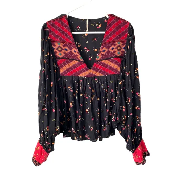 Free People Lady Lou Embroidered Black Blouse size medium Blouse - Image 4