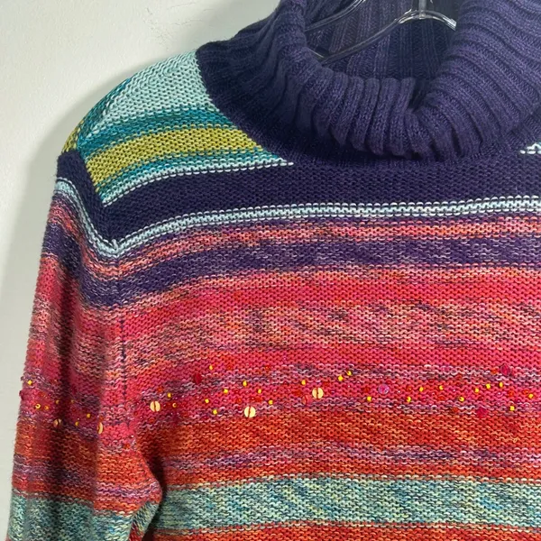 Rocket Candy Vintage Rainbow Striped Beaded Turtleneck Cropped Sweater Large - Image 6