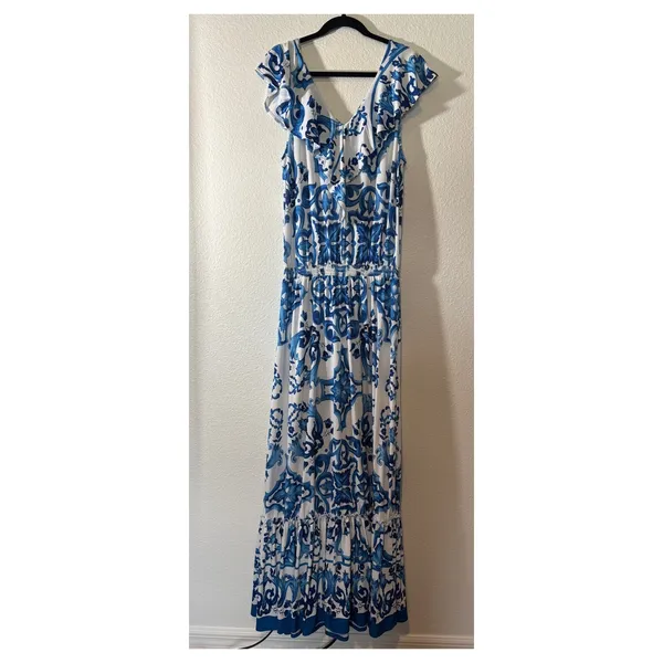 Alexia Admor Size L Blue White Majolica Mediterranean Floral Ruffle V-Neck Dress - Image 3