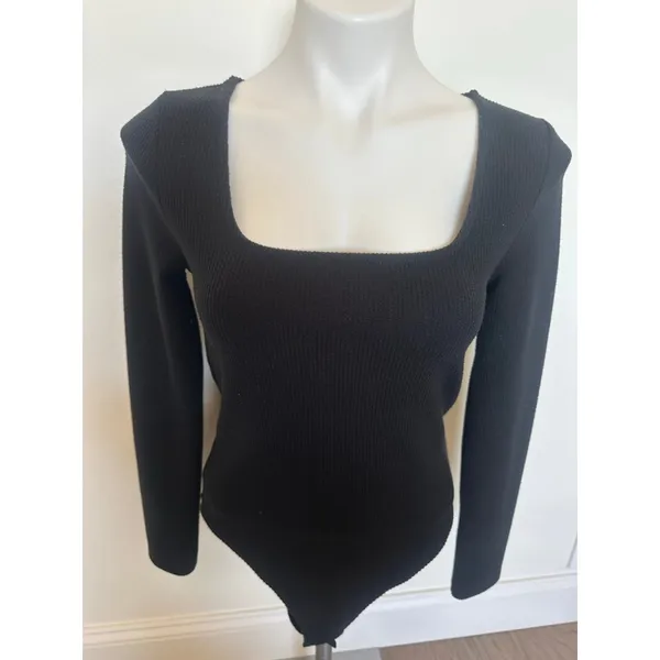 A New Day Black Ribbed Square Neck Bodysuit Medium - Image 2