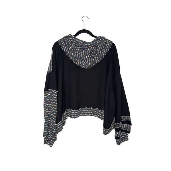 POL Waffle Knit Hoodie Womens Large Black Multi Patchwork Excellent YKT935 Boho‎ - Image 2