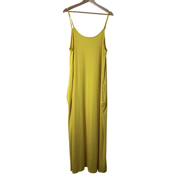 Resortwear Maxi Dress Women XL Yellow Beach Flowy Slip Straps Pockets Stretch - Image 2
