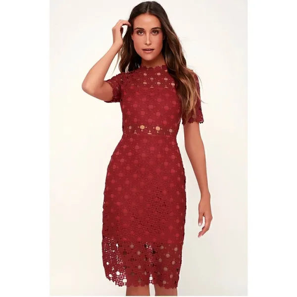 Lulus Burgundy Crochet Laced Bodycon Midi Dress Size S/ Party/ Cocktail/Formal - Image 2