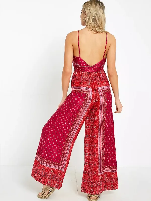 Free People Cabbage Rose Red pink Wide-Leg Wrap Jumpsuit size 0 paisley FLAWS - Image 13
