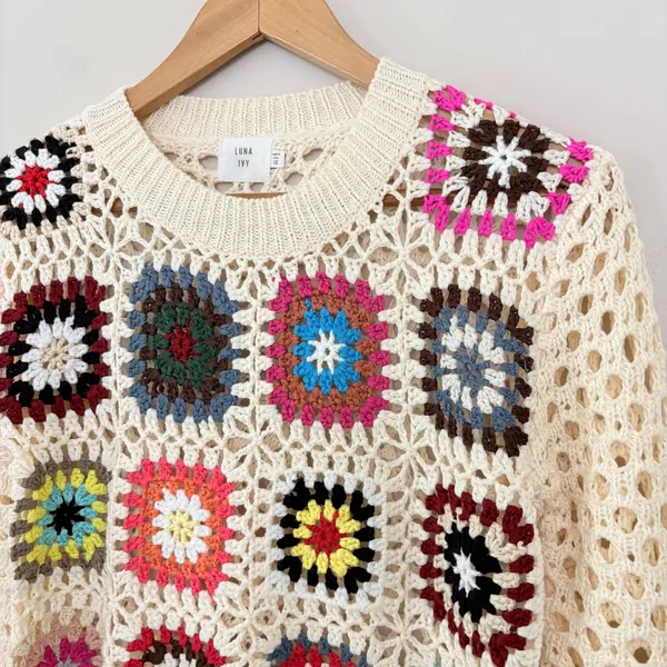 Luna Ivy Sweater Granny Square XS Cream Crochet Patchwork Boho Open Knit - Image 5