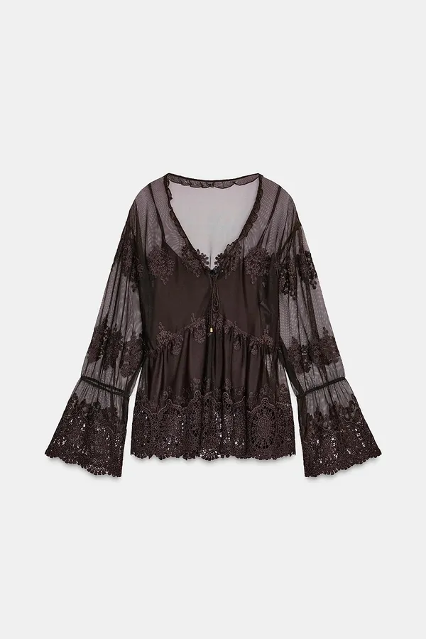 ZARA Sheer Brown Lace-Trim Peasant Bohemian Flared Sleeve Blouse Top - Image 7