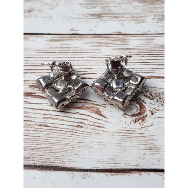 Vintage Clip On Earrings - 7/8" Clear Gems - Image 3