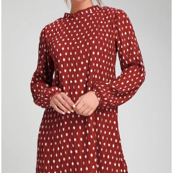 Lulus Pleat to Meet You Wine Red Polka Dot Long Sleeve Shift‎ Dress - Image 4