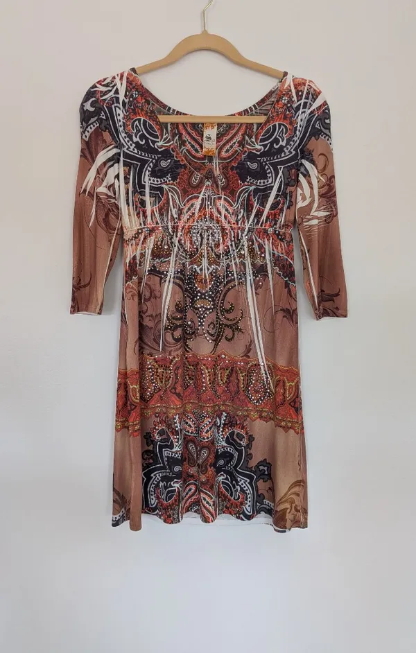 Paisley Rhinestone Embellished Boho Mini Dress Long Sleeve S - Image 3