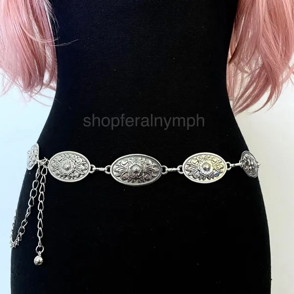 Silver Y2K Western Floral Oval Concho Chain Belt, Fits 25-44 Inches, X7GA1363 - Image 2