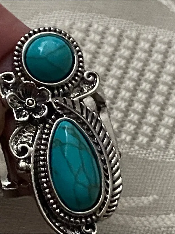 Womens Finger Ring Faux Turquoise Stones Silver Tone Metal Elastic Back Western - Image 10