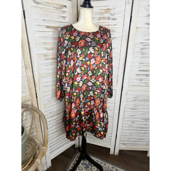 COMPANIA FANTASTICA Women's XL Satin Multicolor Floral Shift Dress Ruffle Hem - Image 3