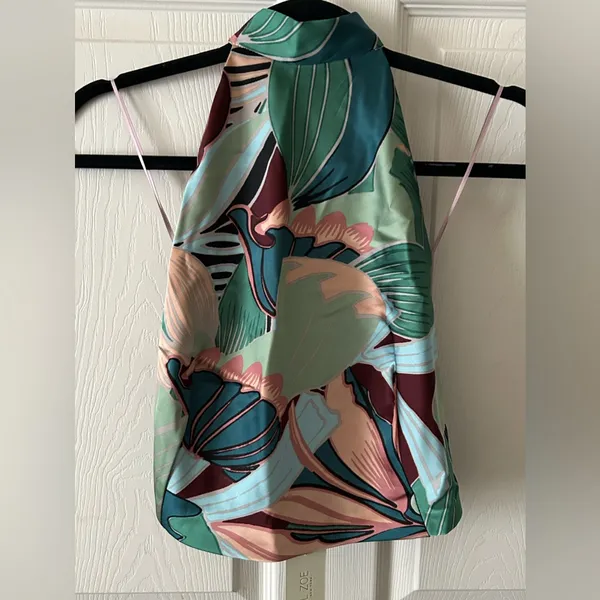 Rachel Zoe Women’s 2-Piece Tropical‎ Palm Print Satin Halter & Pant Set Small - Image 7