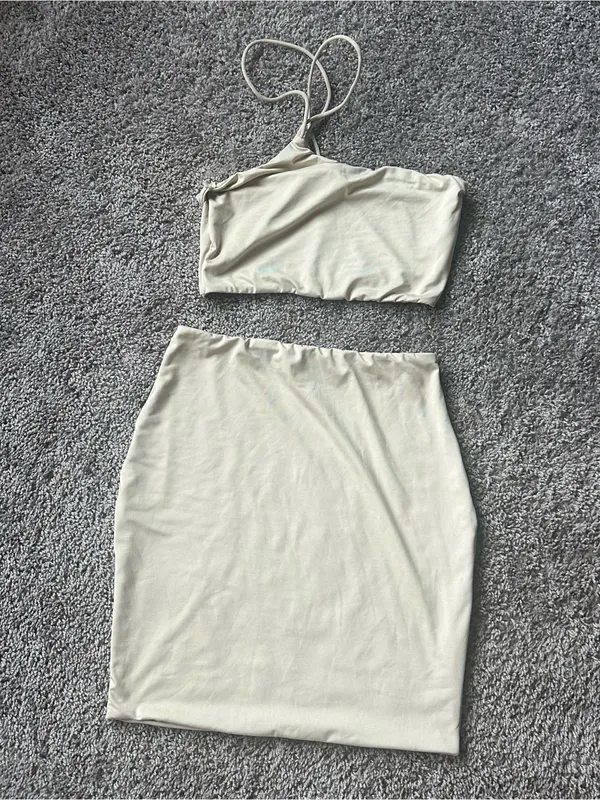 Women’s One-Shoulder Cream Pencil Skirt Set - Image 2