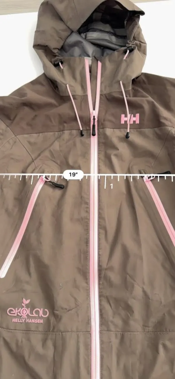 Brown & Pink Hooded Rain Jacket Size M Waterproof Shell Helly Hansen Ekolou - Image 8