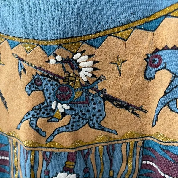 Vintage 80s Single Stitch Diamond Dust Native American Indian Horse Tshirt L - Image 4