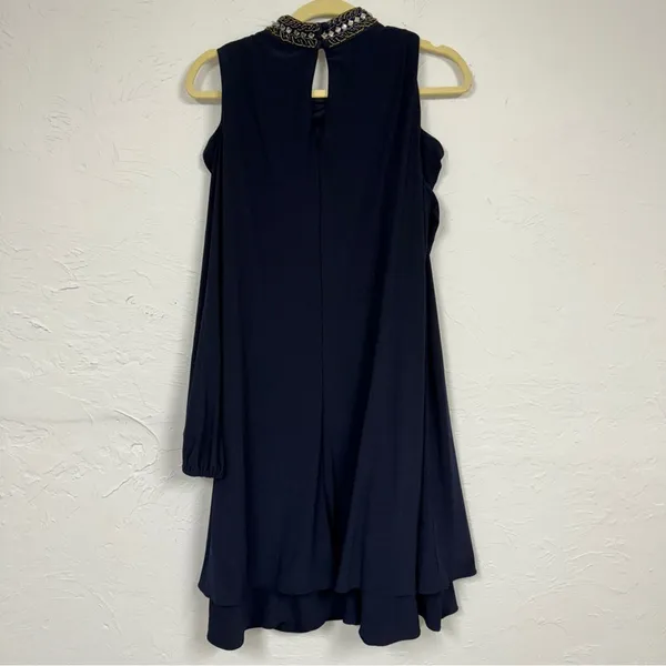 X by Xscape Blue Beaded Collar Formal Mini Dress Women 16 Babydoll Cold Shoulder - Image 13