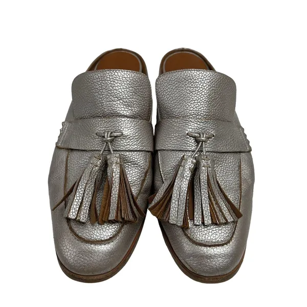 Aquatalia Size 10 Stella Metallic Tumbled Mules Platinum Women's Tonal Tassels - Image 3
