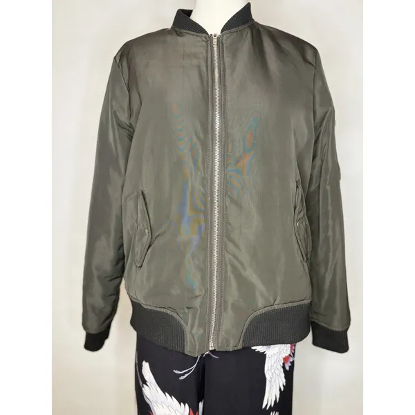 Olivia Grey Olive Green Bomber Jacket Womens Small Utility Flight Coat Ribbed S - Image 2