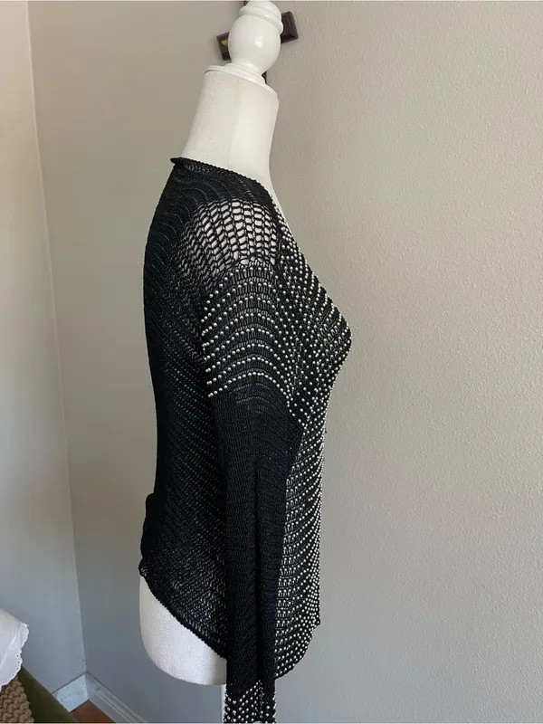 Black Open-Knit Long Sleeve Cardigan with Silver Stud Detail - Image 5