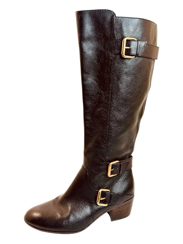 Isola Dark Brown Leather Riding Boots, Stacked Heels, Brass Buckles, size 9.5 - Image 3