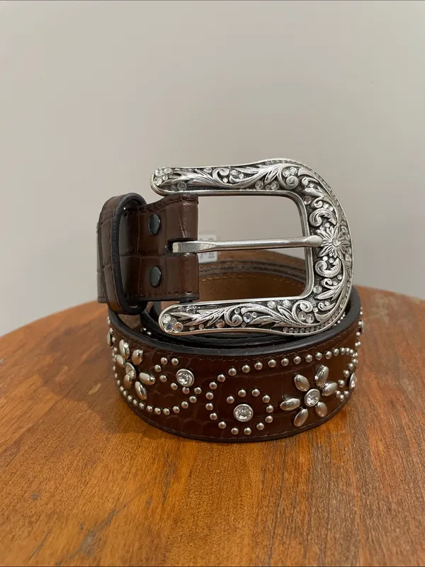 Western Ariat Womens Croc Print Studs Crystals Brown Leather Belt Style A1510602 - Image 3