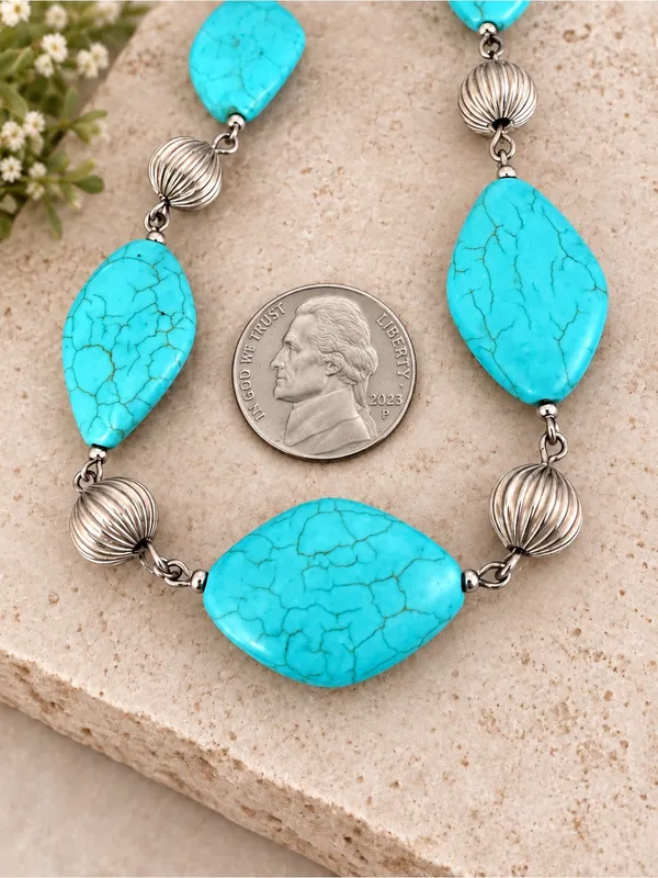 Southwestern Faux Turquoise Statement Necklace w/ Silver Accents PRETTY - Image 5