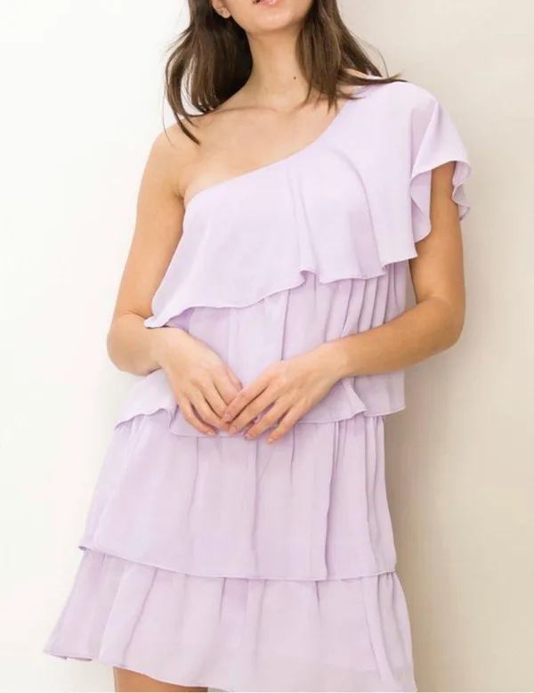 Purple One Shoulder Ruffle Dress - Image 3