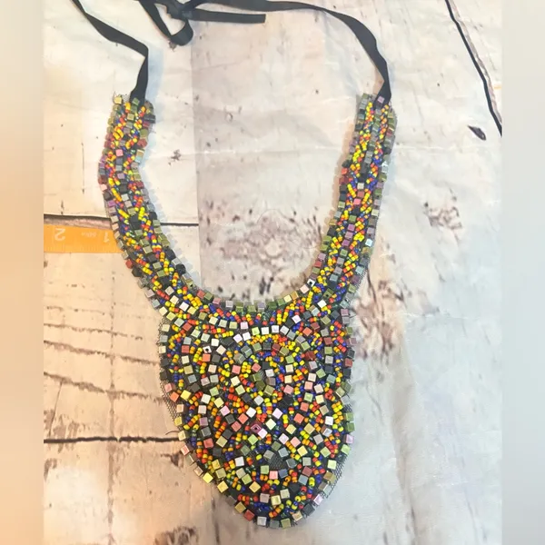 Colorful Metallic Beaded Tribal Ethnic Bib Scallop Edge Statement Necklace - Image 2