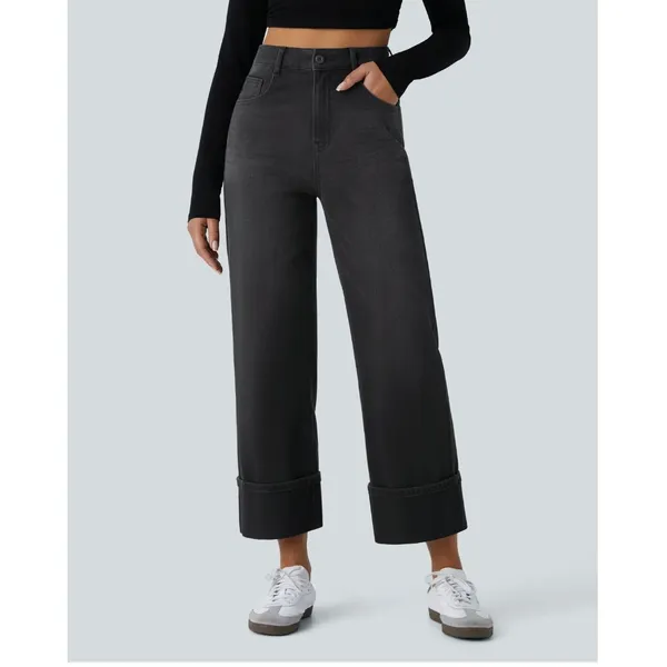 Halara Flex High Waisted Wide Leg Cropped Jeans Black Washed Women XL Rolled Hem - Image 8