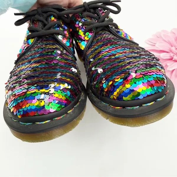Dr. Martens 1461 Pascal Rainbow To Silver Sequin Oxfords Lace Up Shoes - Image 4