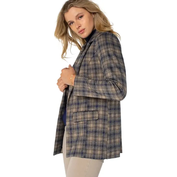 Liverpool Los Angeles Plaid Boyfriend Blazer Blue Beige Women’s Size S Classic - Image 5