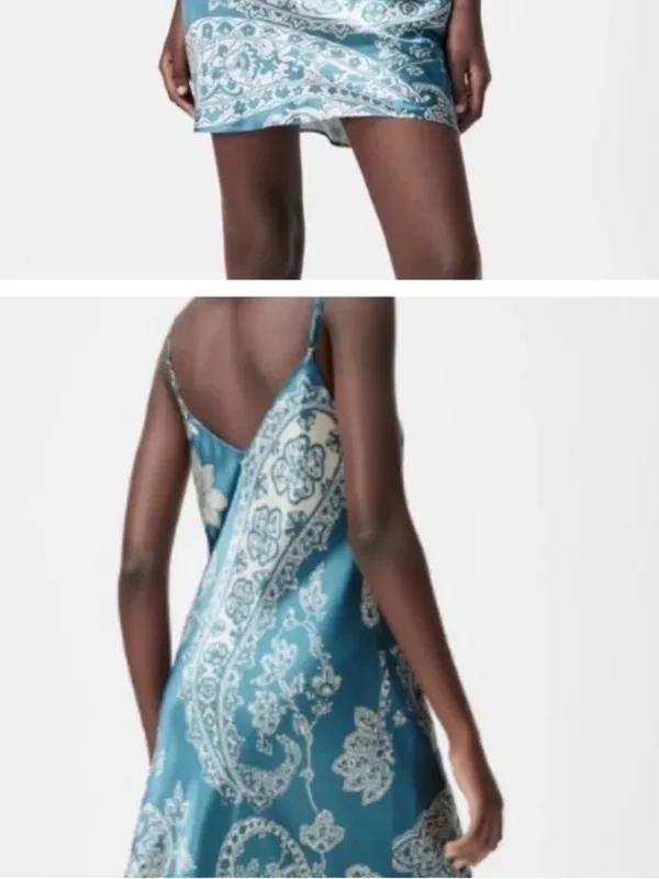Teal Paisley Satin Slip Dress - Image 3