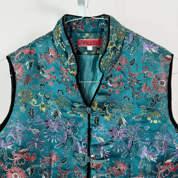 VTG Foieverdev sz LTeal Floral Brocade‎ Mandarin Collar Vest Quilted - Image 2