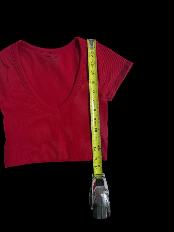 Garage Red Ribbed V-Neck Short Sleeve Crop Top - Image 4