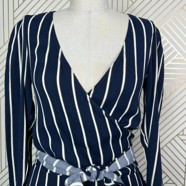 Reformation Zircon Wrap Mini Dress Navy Blue Capone Stripes Size‎ US 0 - Image 5