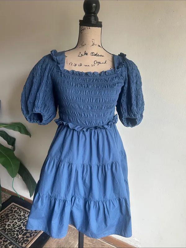 AUREUM Mini Fit And Flare Smocked Blue Dress Size Small - Image 3