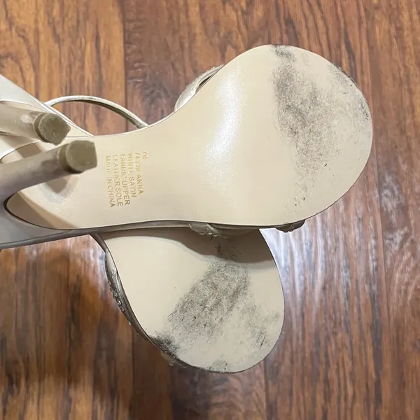 Off White Satin Strappy Jeweled Heels Size 7 - Image 11