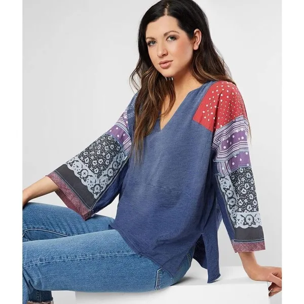✨FREE PEOPLE Shibuya Boho Sz Large Denim Patchwork Top✨ - Image 7